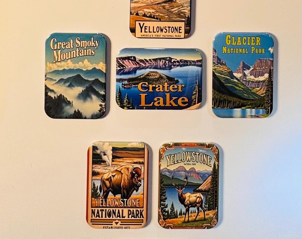 Crater Lake, Great Smoky Mountains, Glacier, and Yellowstone National Parks Fridge Magnets
