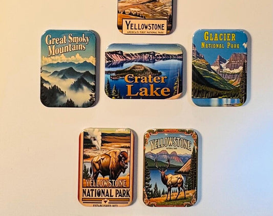 Crater Lake, Great Smoky Mountains, Glacier, and Yellowstone National Parks Fridge Magnets
